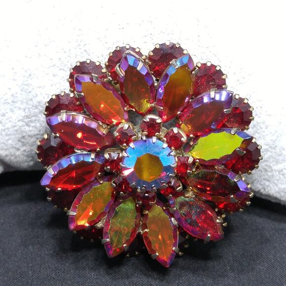Vintage Red Rhinestone Floral Brooch, Aurora Borealis, 1960s, 1 7/8 Inches - Picture 11 of 15